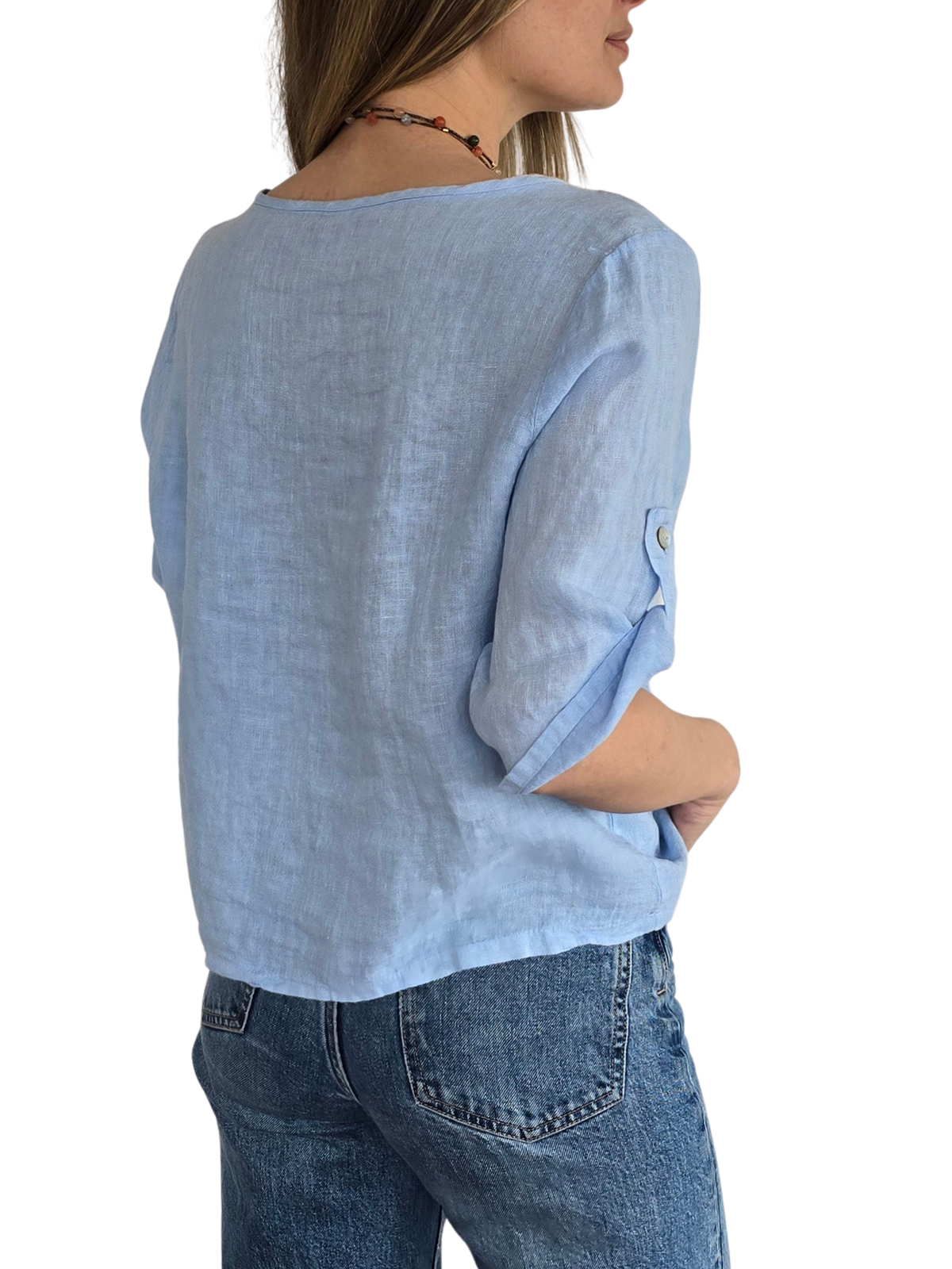 Blusa Italiana 100%Lino Botones, color Celeste