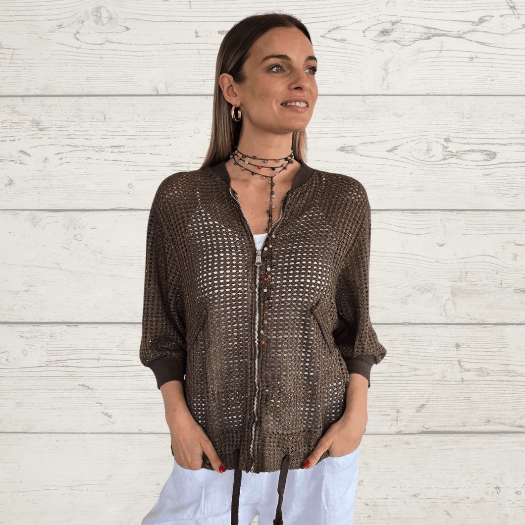 Chaqueta Bomber Italiana crochet, color Chocolate
