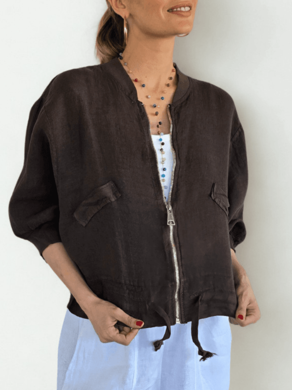 Chaqueta Bomber Italiana 100% Lino, color Chocolate