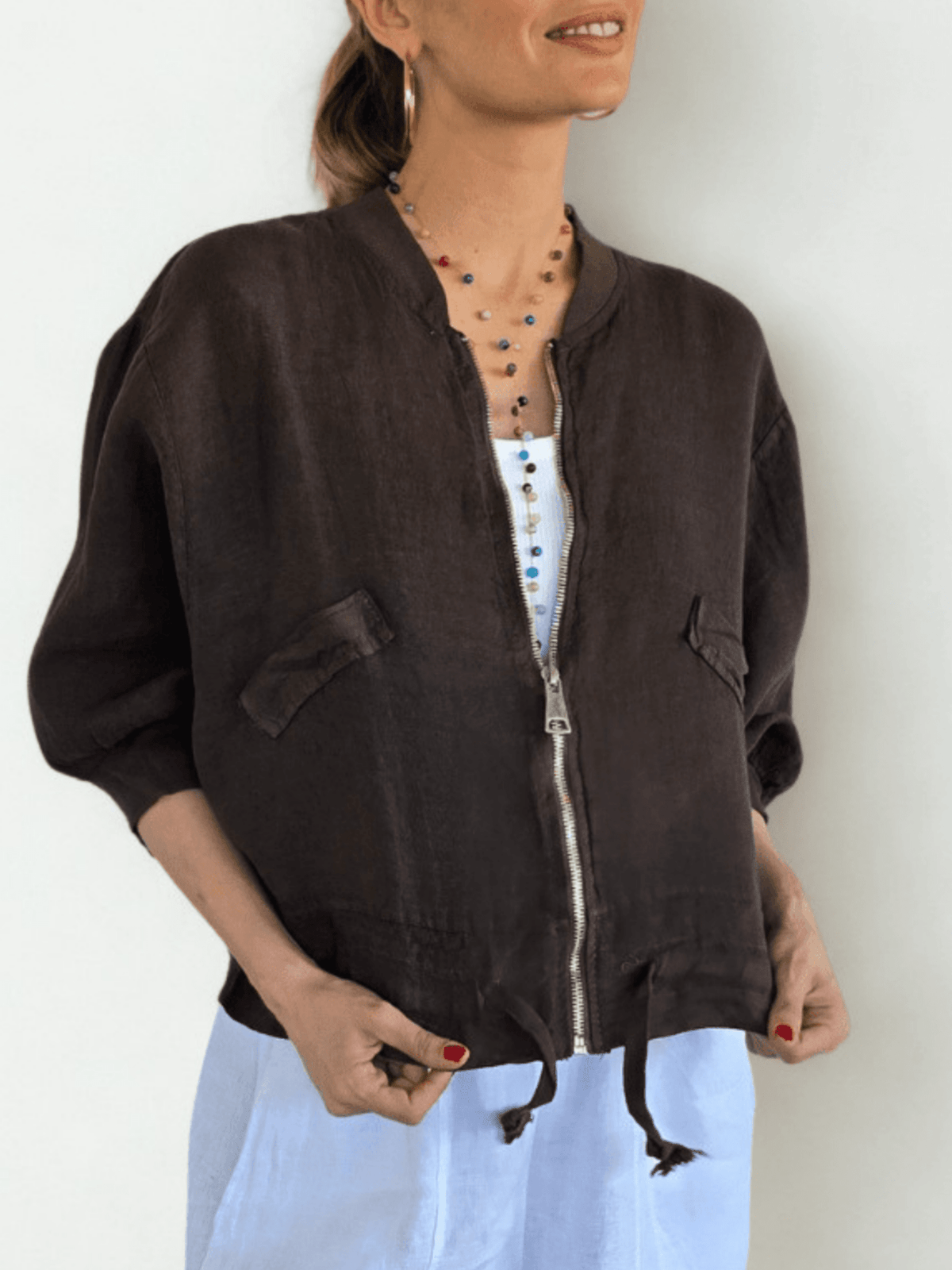 Chaqueta Bomber Italiana 100% Lino, color Chocolate