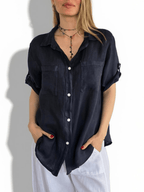 Blusa Italiana 100% Lino dos Bolsillos, color Azul Marino