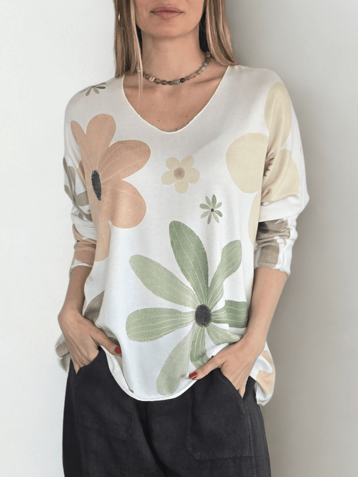 Sweater Italiano Estampado Flores, tonos Verdes