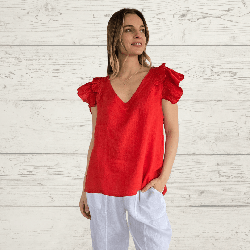 Blusa Lino Italiano, color Rojo tomate