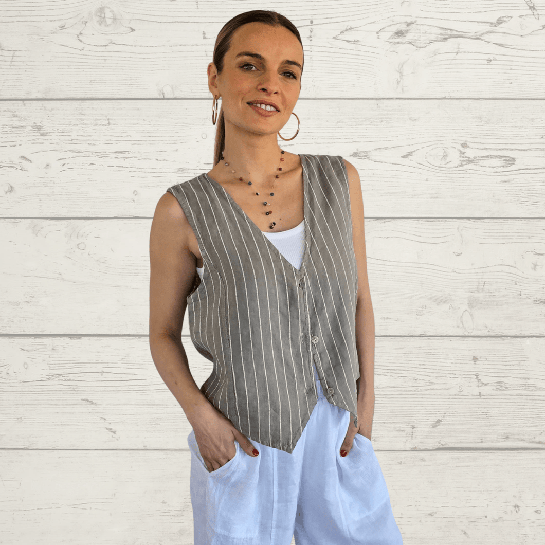 Blusa Gillette 100% Lino Italiano Rayas, fondo Taupe