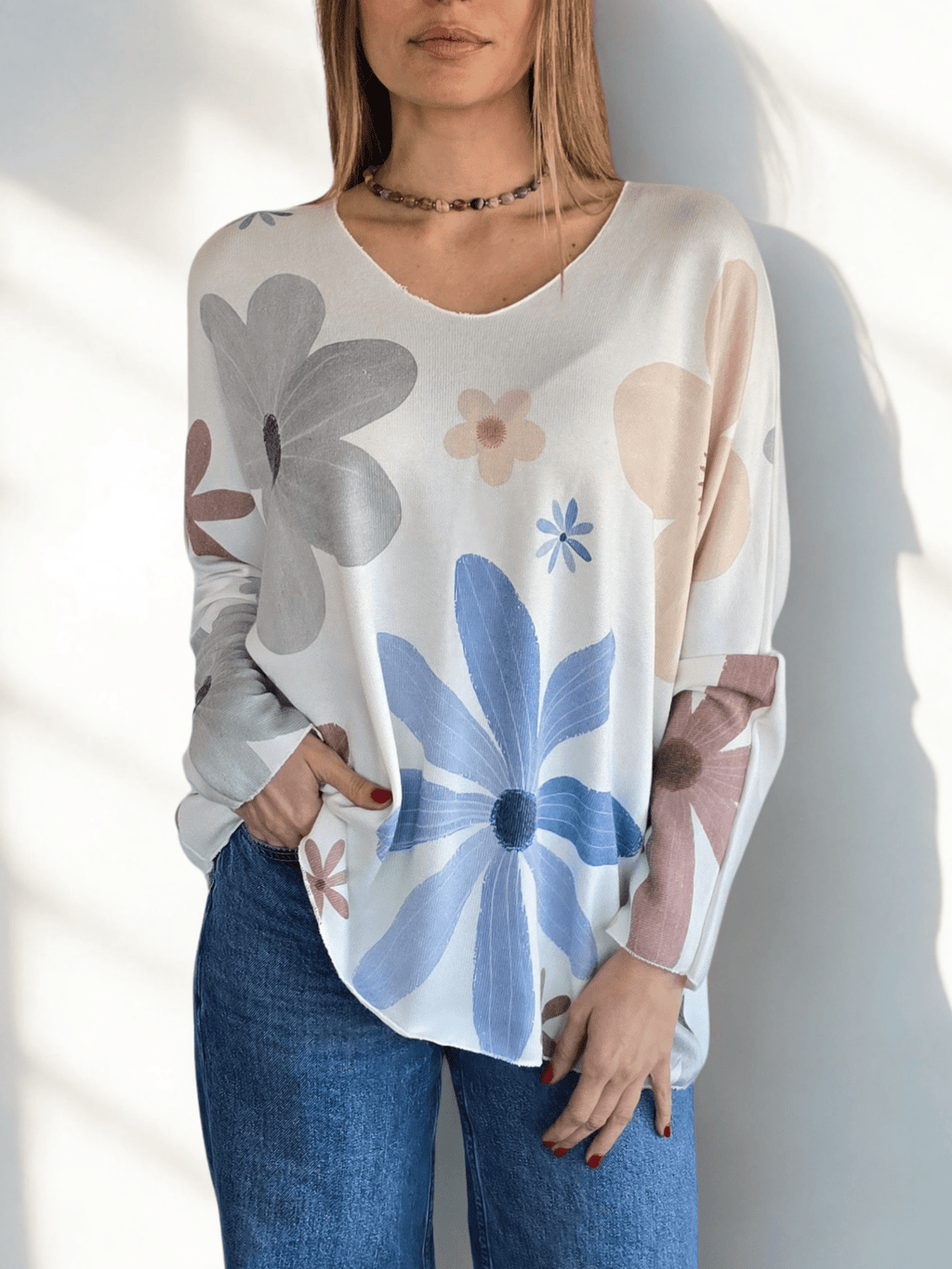 Sweater Italiano Estampado Flores, tonos Celestes