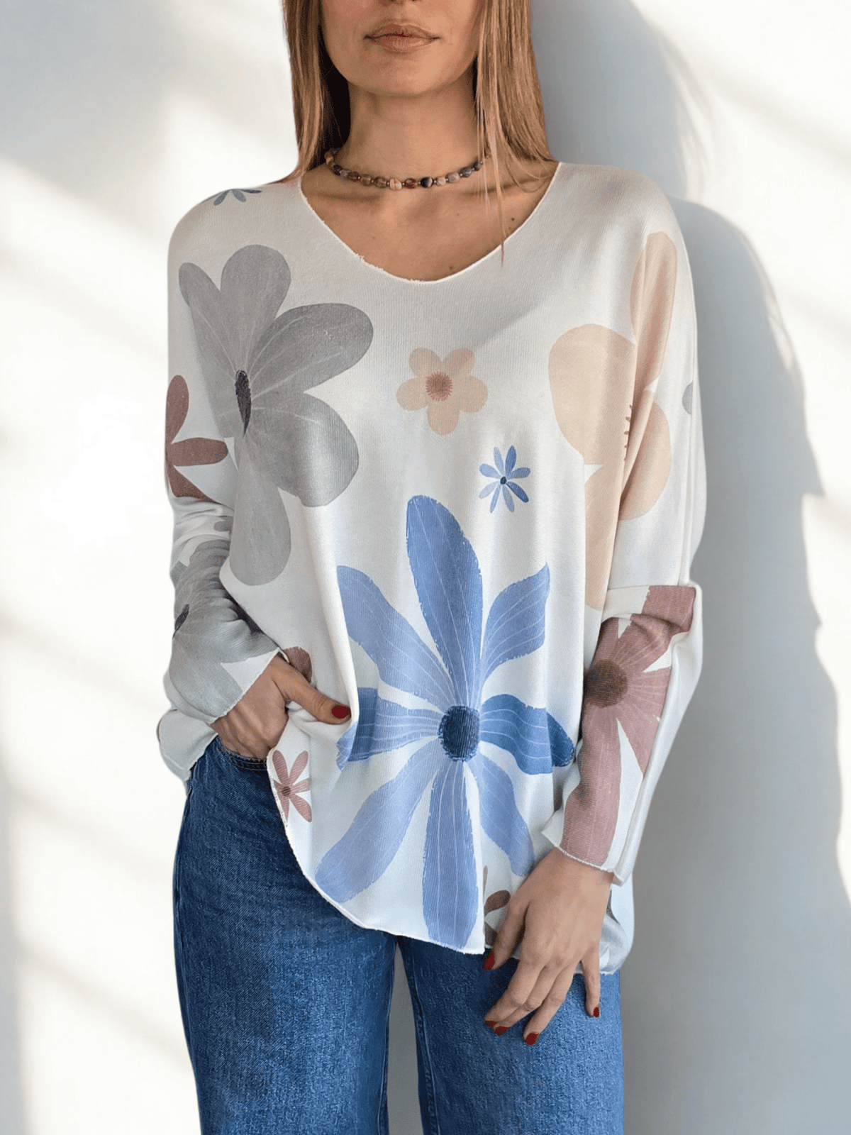 Sweater Italiano Estampado Flores, tonos Celestes
