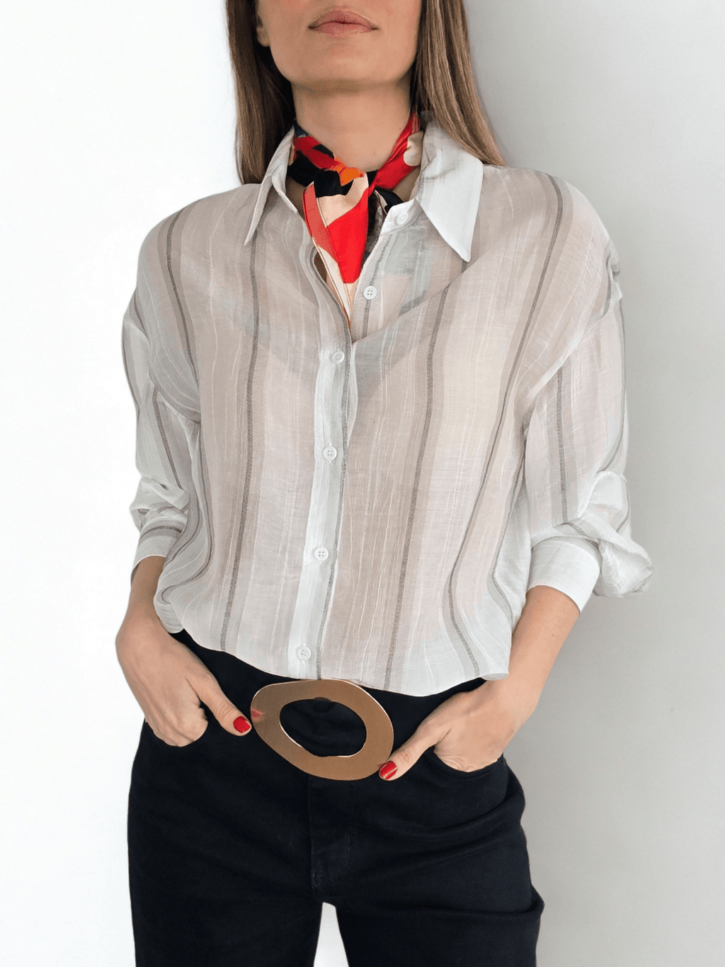 Blusa Rayada, color Blanco con Gris