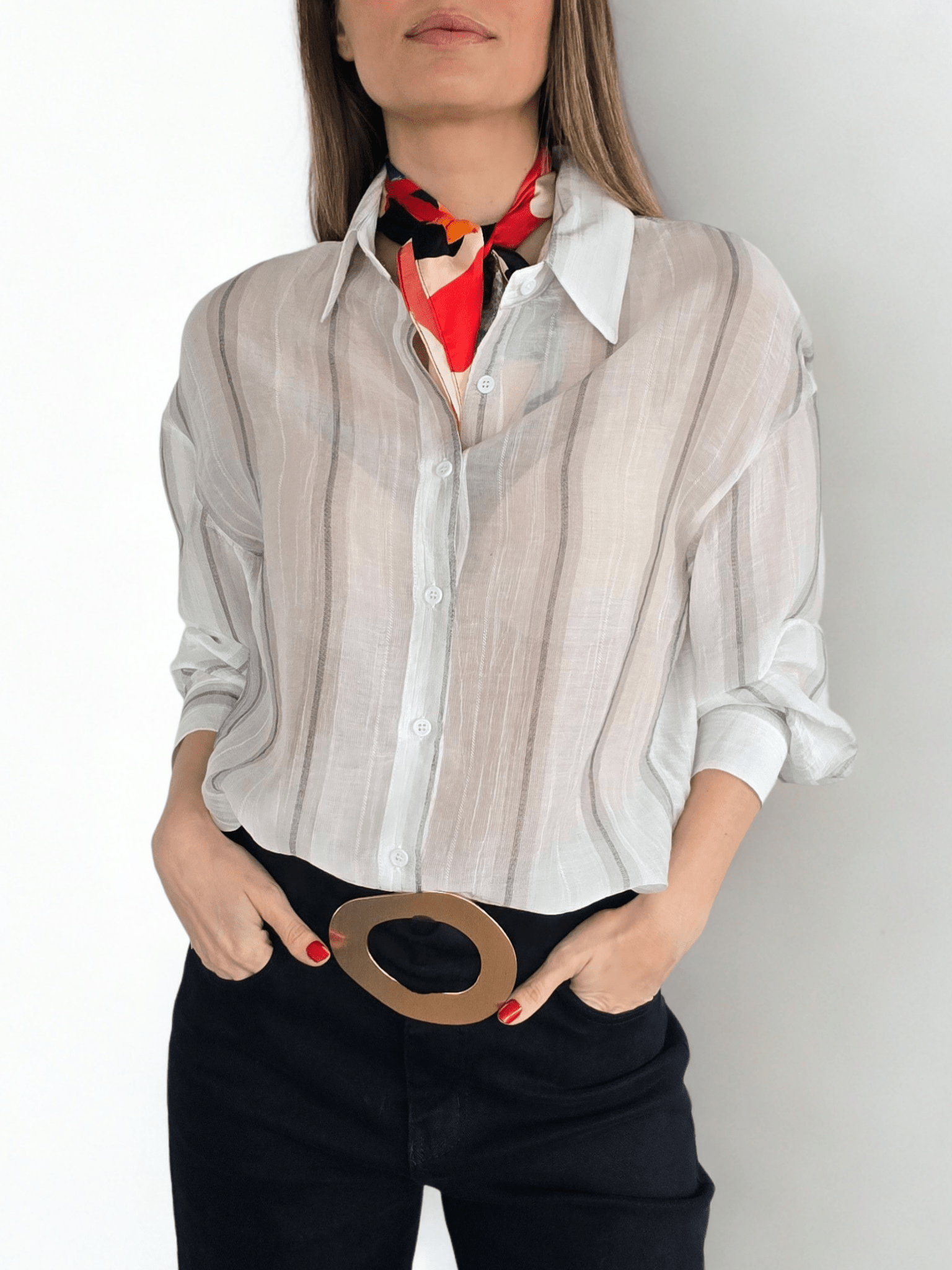 Blusa Rayada, color Blanco con Gris