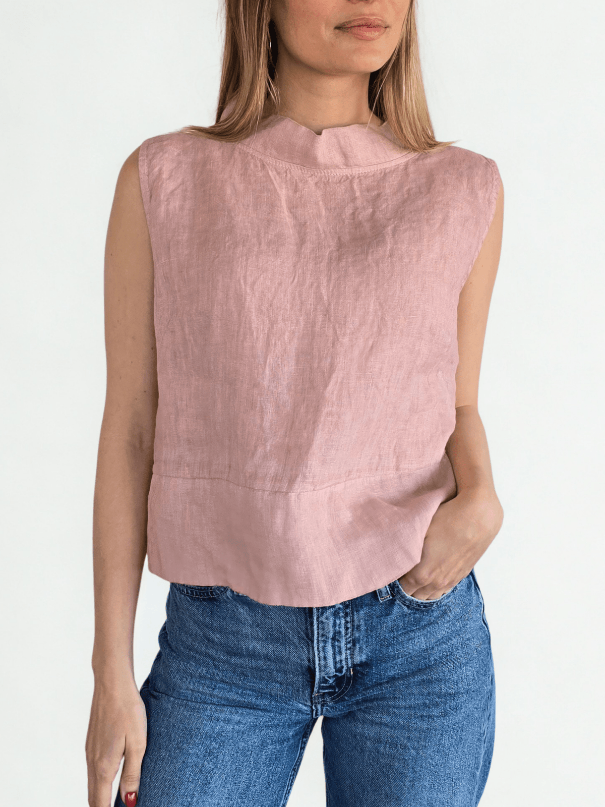 Blusa Italiana 100% Lino, corta, color Rosado