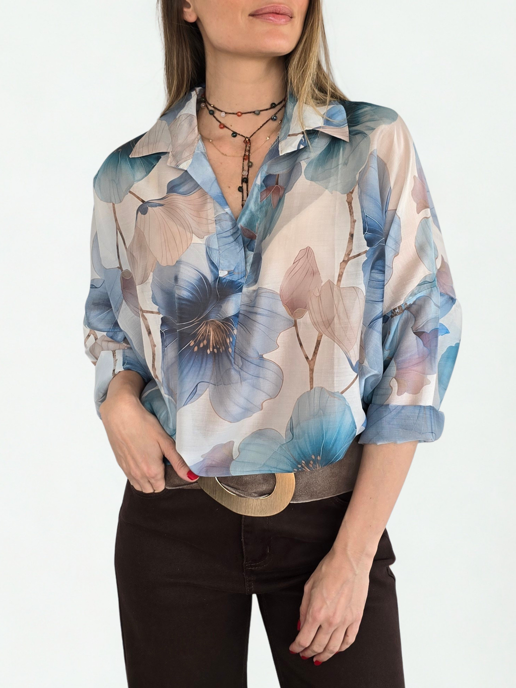 Blusa Italiana Estampada, colores Celeste y Beige