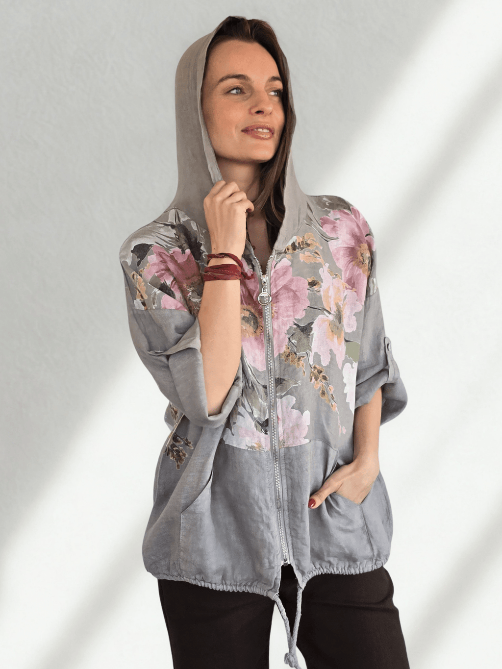 Chaqueta Italiana 100% Lino Estampado, fondo Taupe