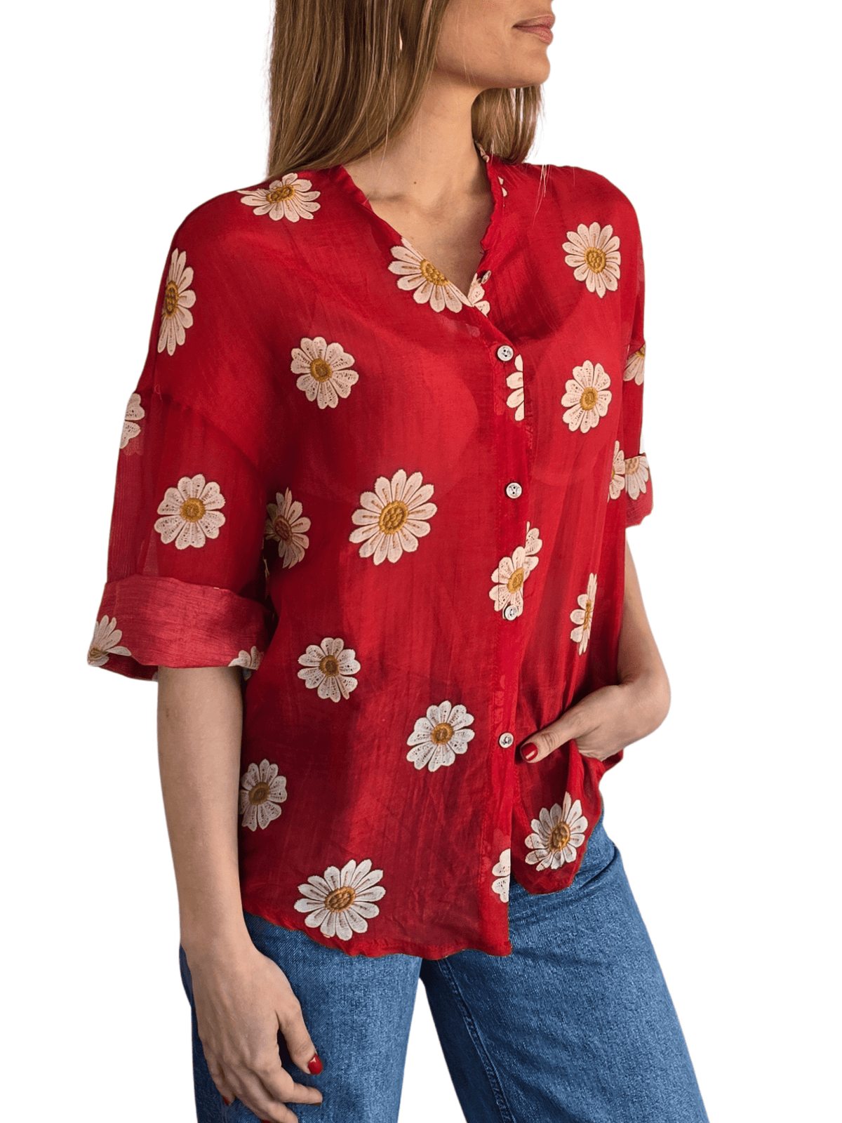 Blusa Italiana con Flores, fondo Rojo