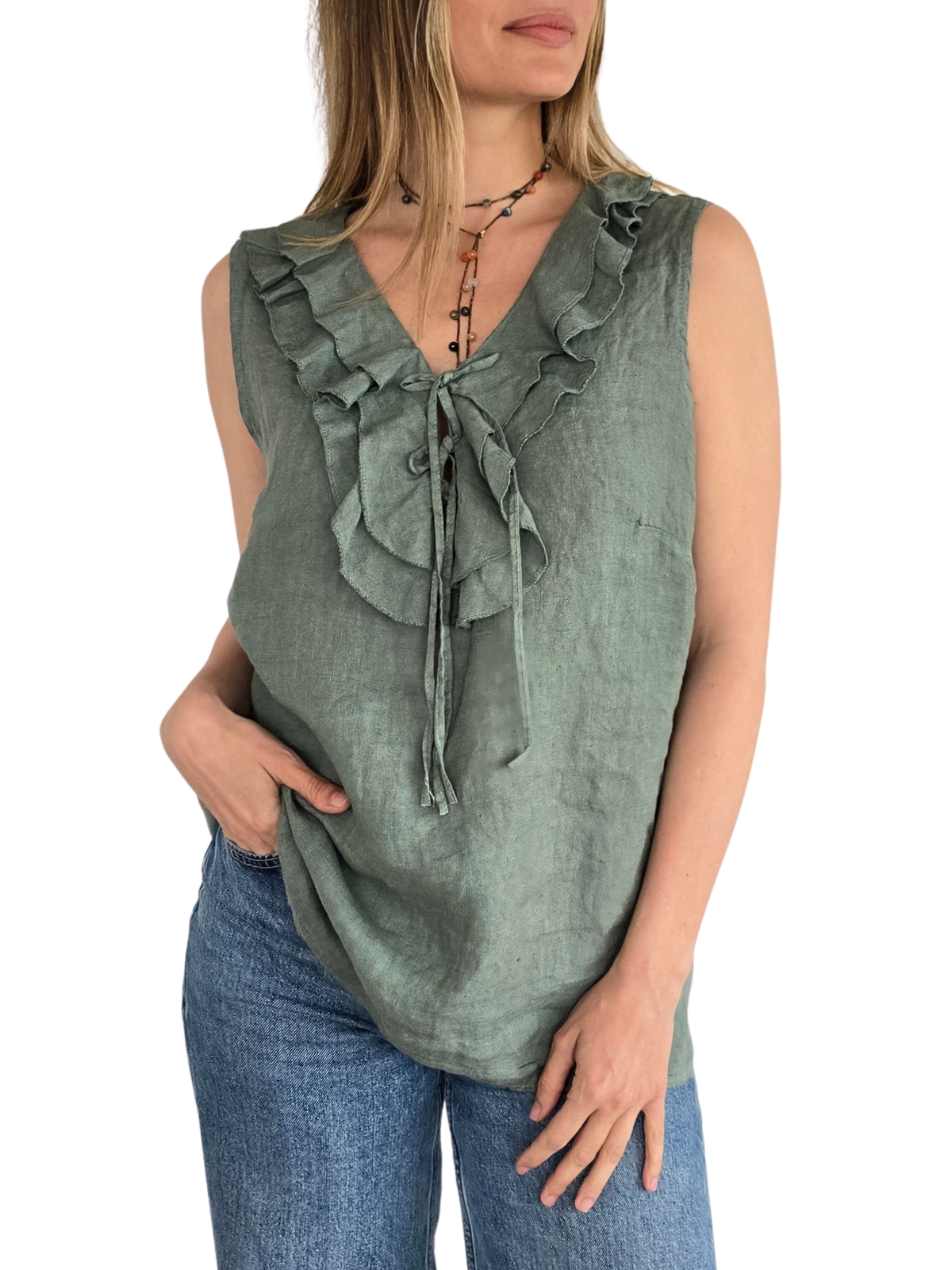 Blusa Italiana 100% Lino Vuelos, color Verde