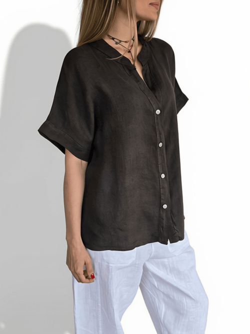 Blusa Italiana 100% Lino Escote en V, color Chocolate