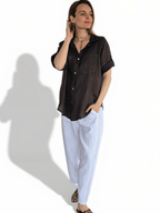 Blusa Italiana 100% Lino Dos Bolsillos, color Chocolate