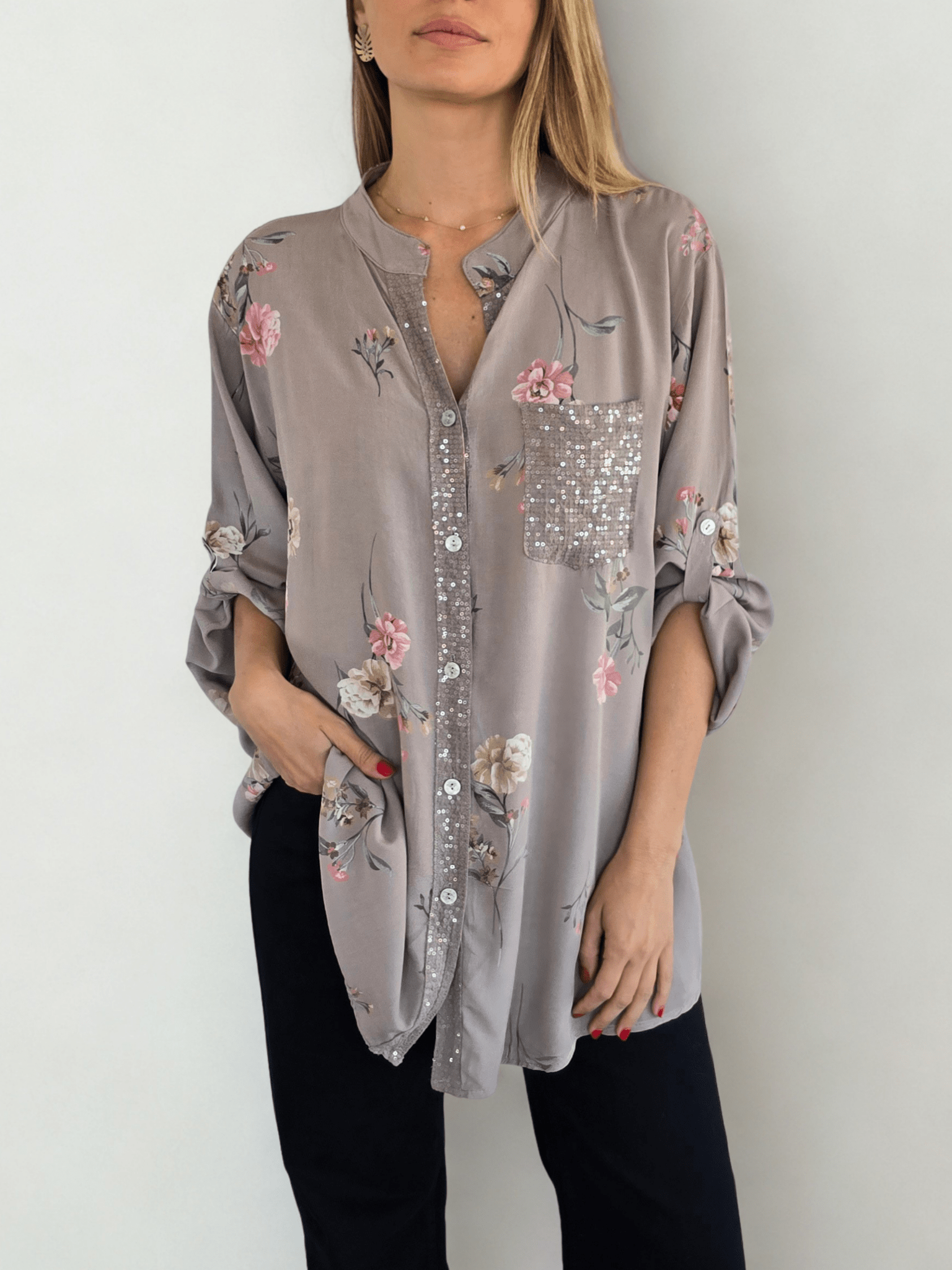 Blusa Italiana estampada, fondo Taupe
