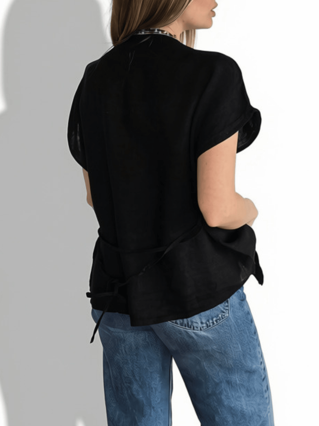 Blusa Italiana 100% Lino un botón, color Negro
