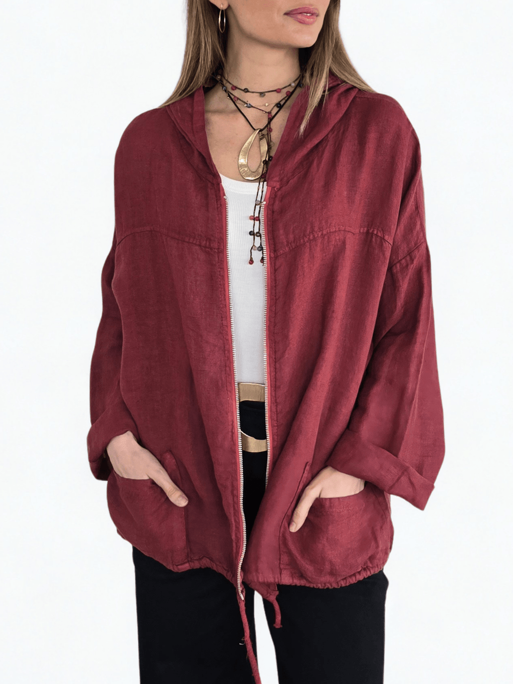 Chaqueta Italiana 100% Lino, color Guinda