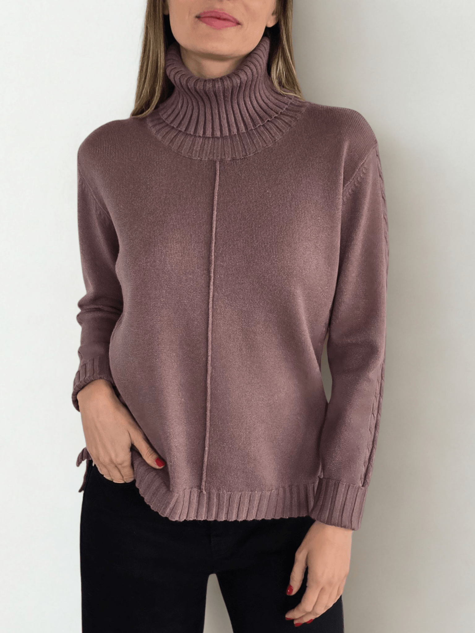Sweater Cuello subido con Ribete, color Chocolate