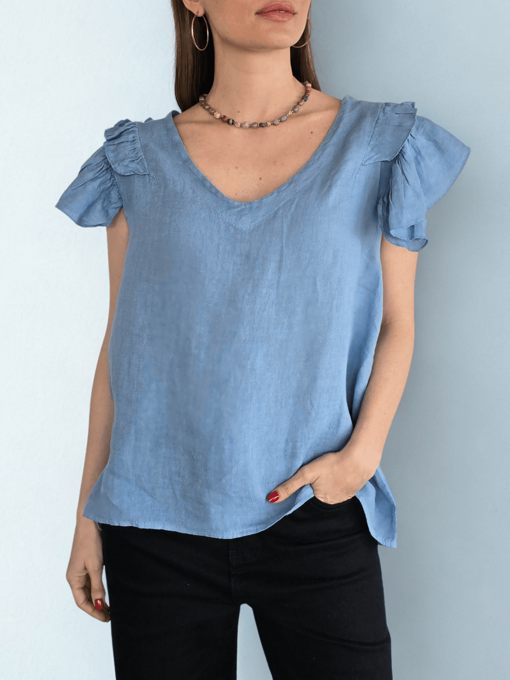 Blusa Italiana 100% Lino Mangas Irregulares, color Celeste