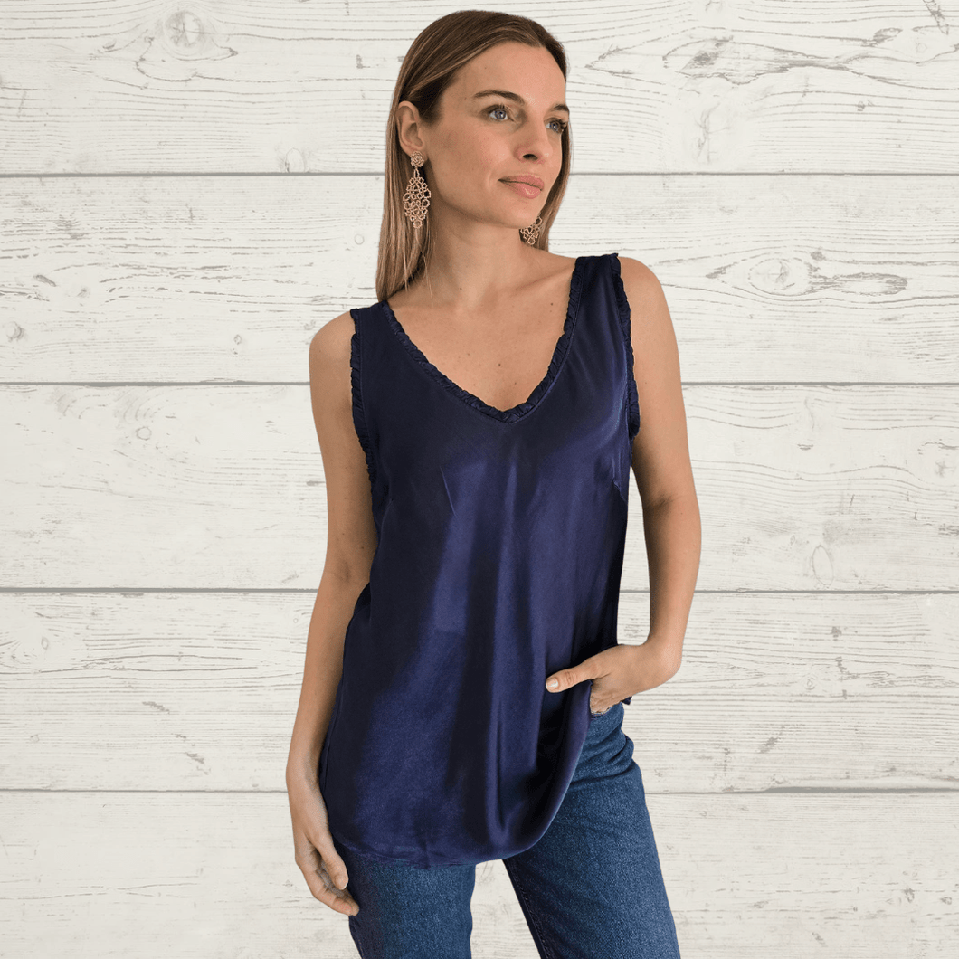 Blusa Italiana sin mangas, color Azul Marino