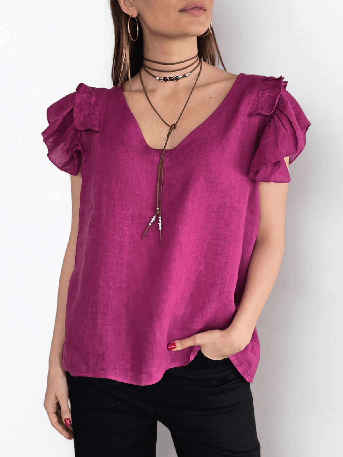 Blusa Italiana 100%Lino, Mangas Irregulares, color Magenta
