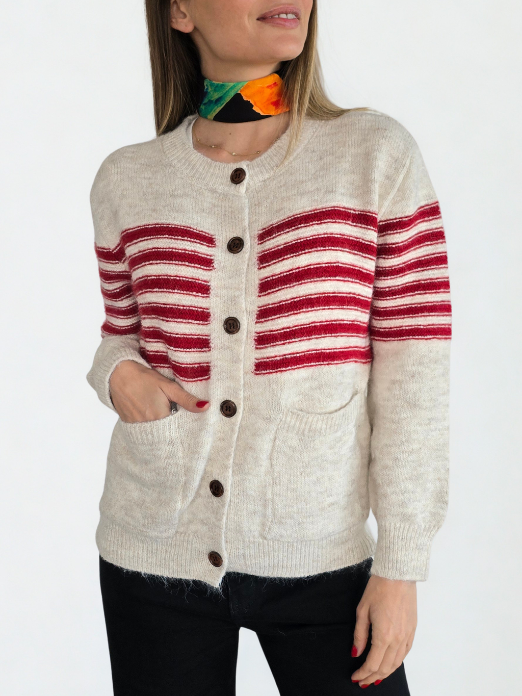 Chaleco con Rayas, color Beige con Rojo