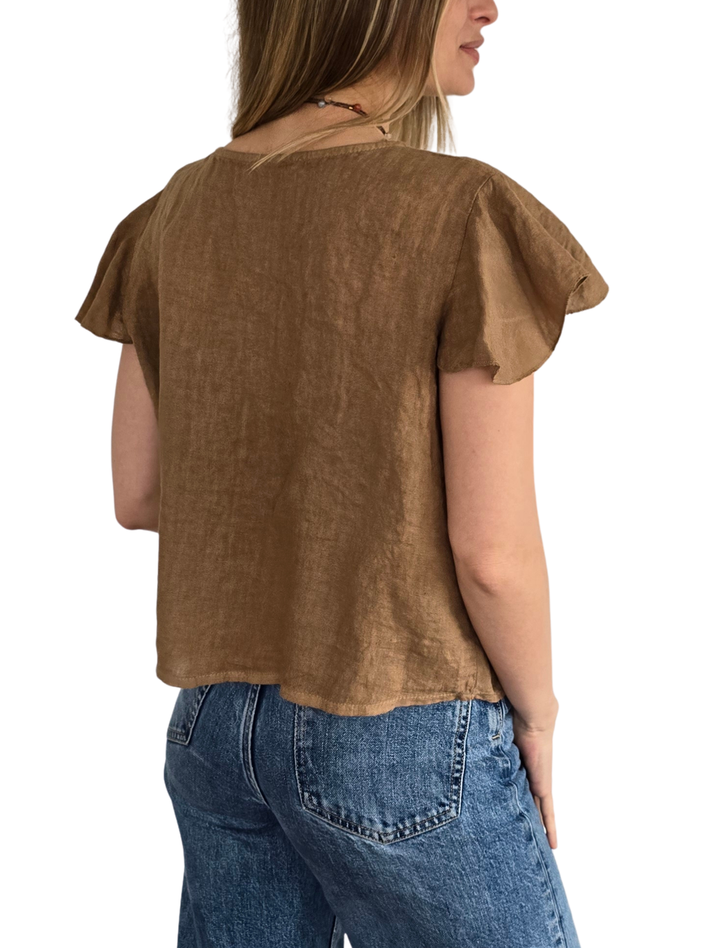 Blusa Italiana 100% Lino Tirita, color Camel