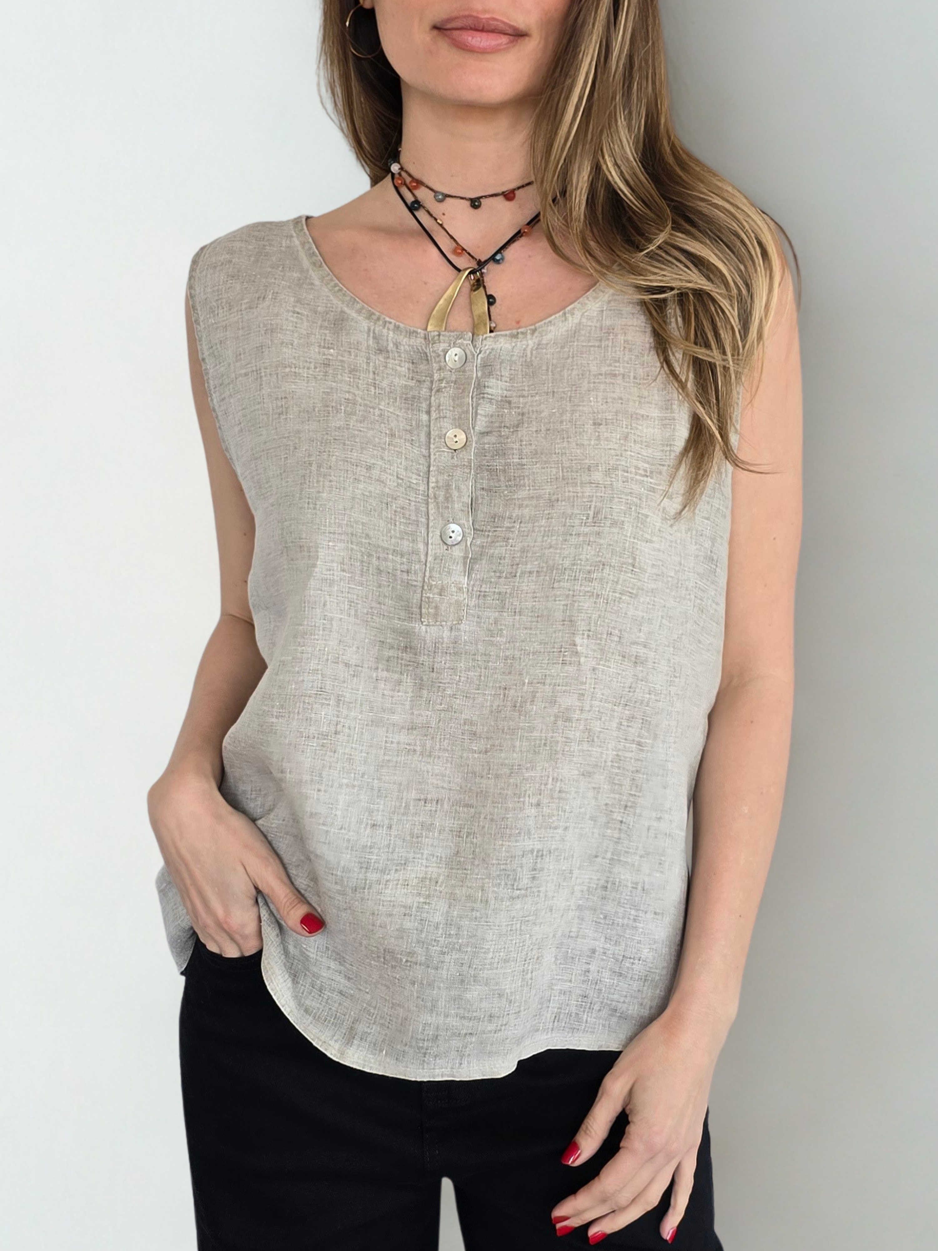 Blusa Italiana 100% Lino, sin mangas, color Beige