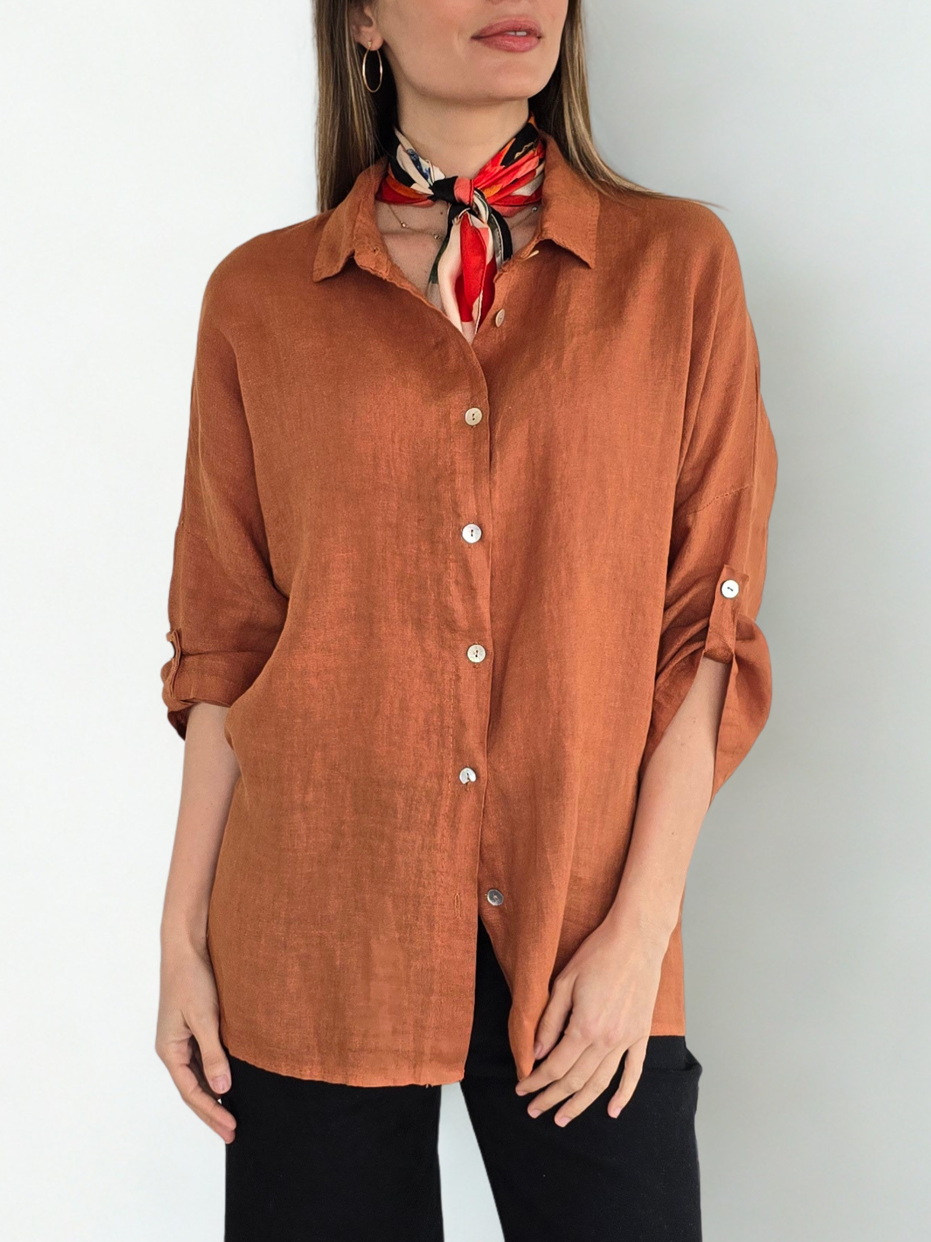 Blusa de Lino Italiano Ancha, color Terracota