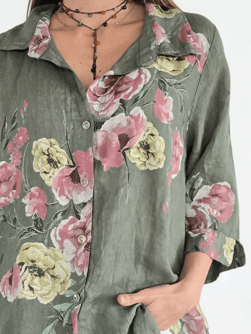 Blusa Italiana 100% Lino Estampada, fondo Verde