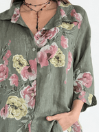 Blusa Italiana 100% Lino Estampada, fondo Verde