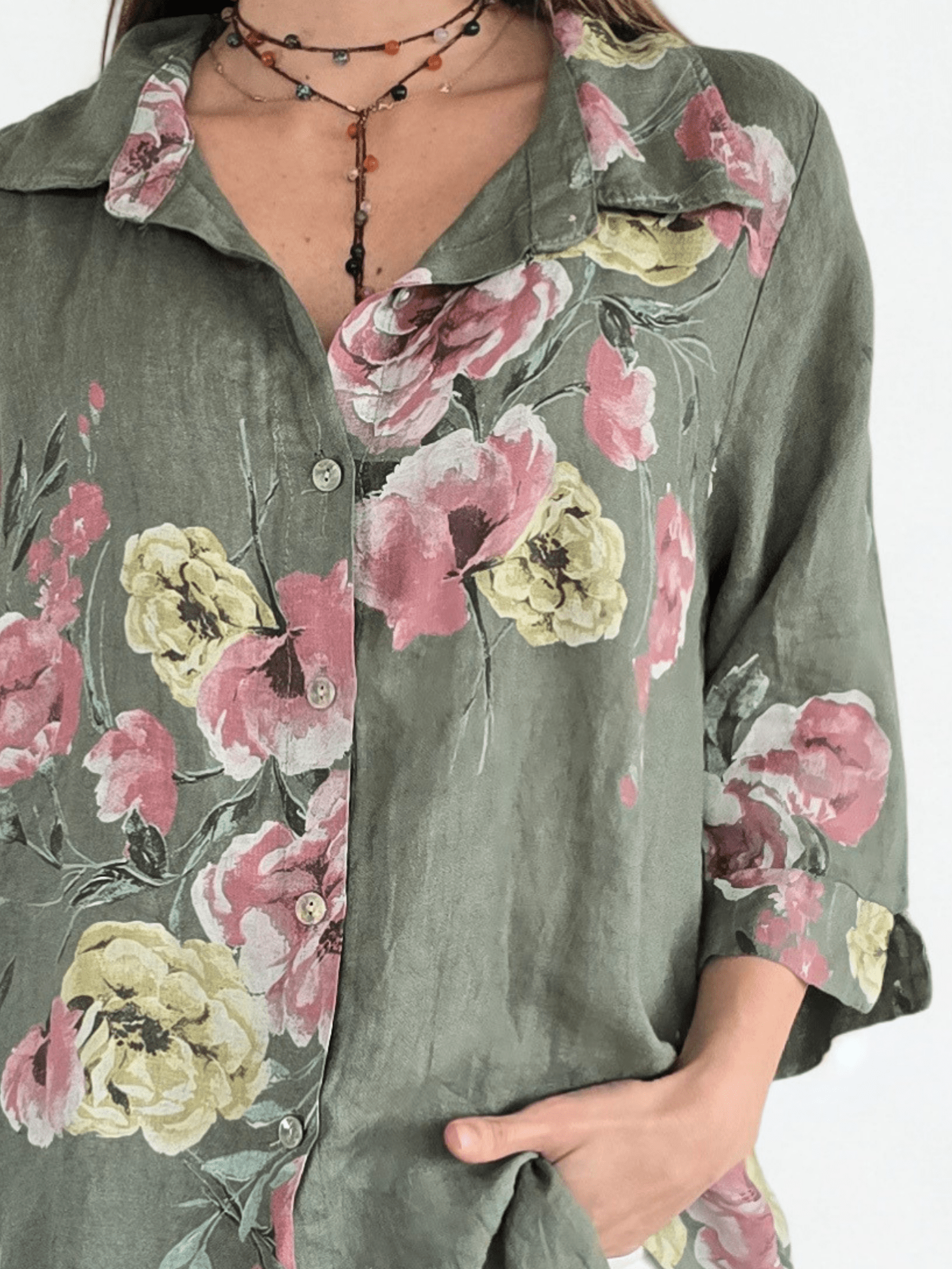 Blusa Italiana 100% Lino Estampada, fondo Verde