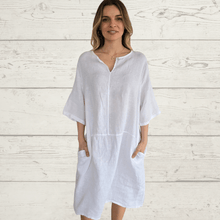 Cargar imagen en el visor de la galería, Vestido Lino Italiano un botón, color Blanco
