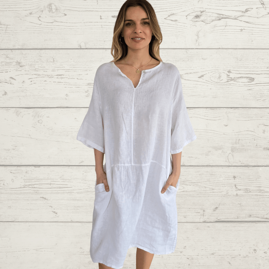 Vestido Lino Italiano un botón, color Blanco