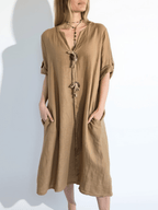 Vestido Italiano 100% Lino Botones, color Camel