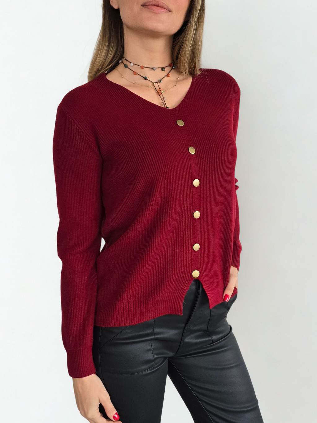 Sweater escote en V, color Burdeo