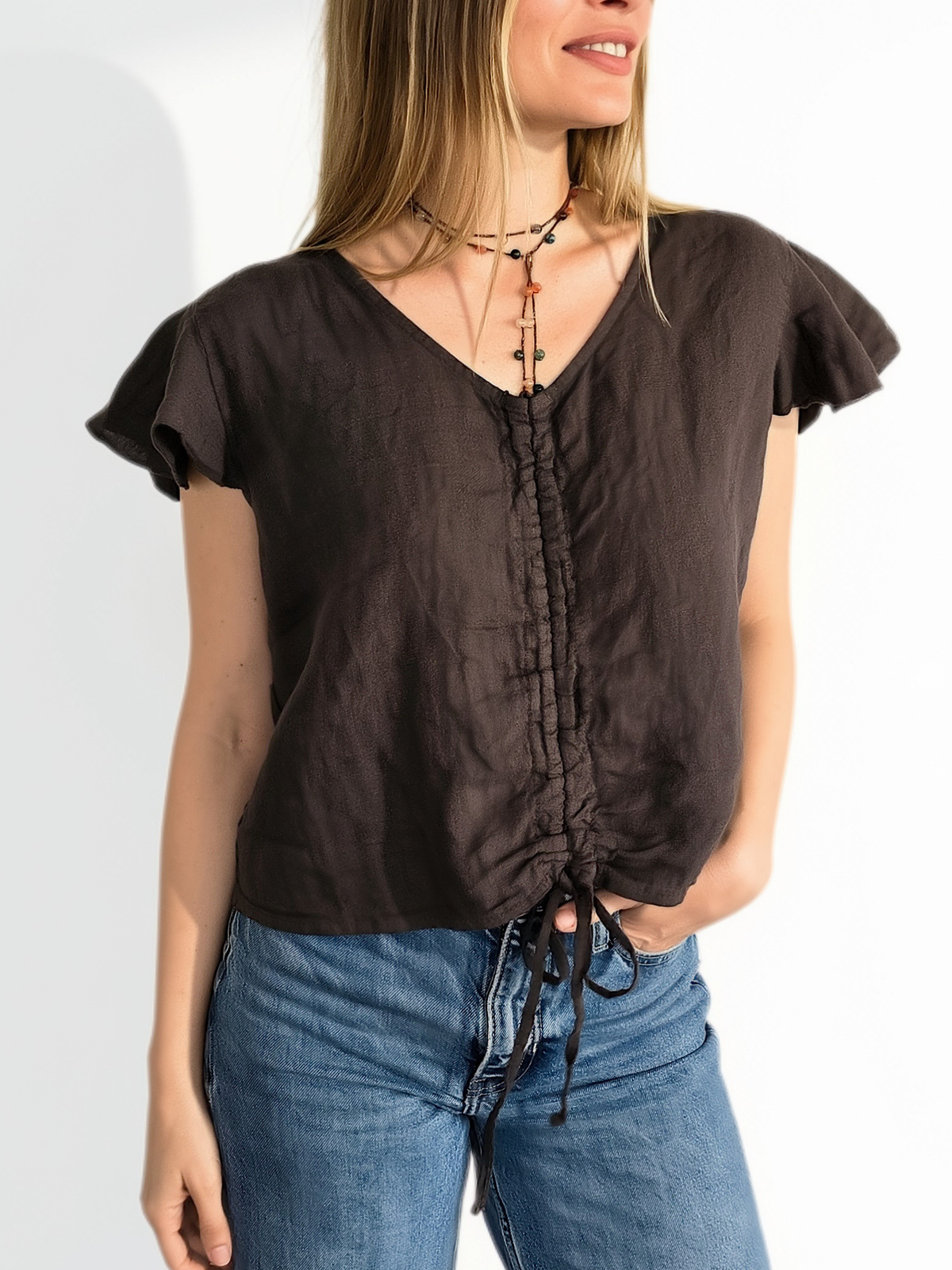 Blusa Italiana 100% Lino Tirita, color Chocolate
