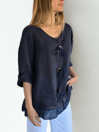 Blusa Italiana 100% Lino con tres Botones, color Azul