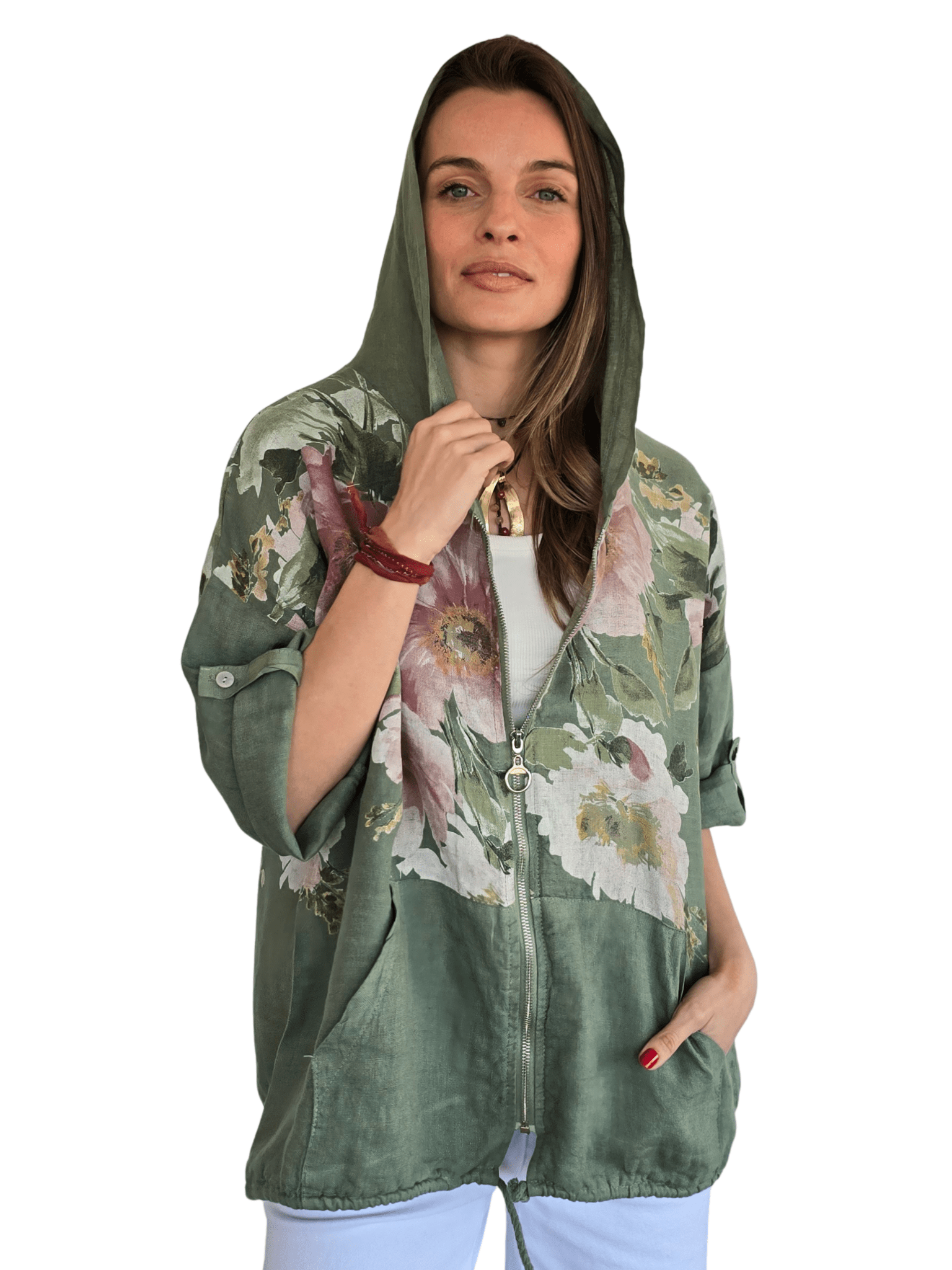 Chaqueta Italiana 100% Lino Estampado, fondo Verde