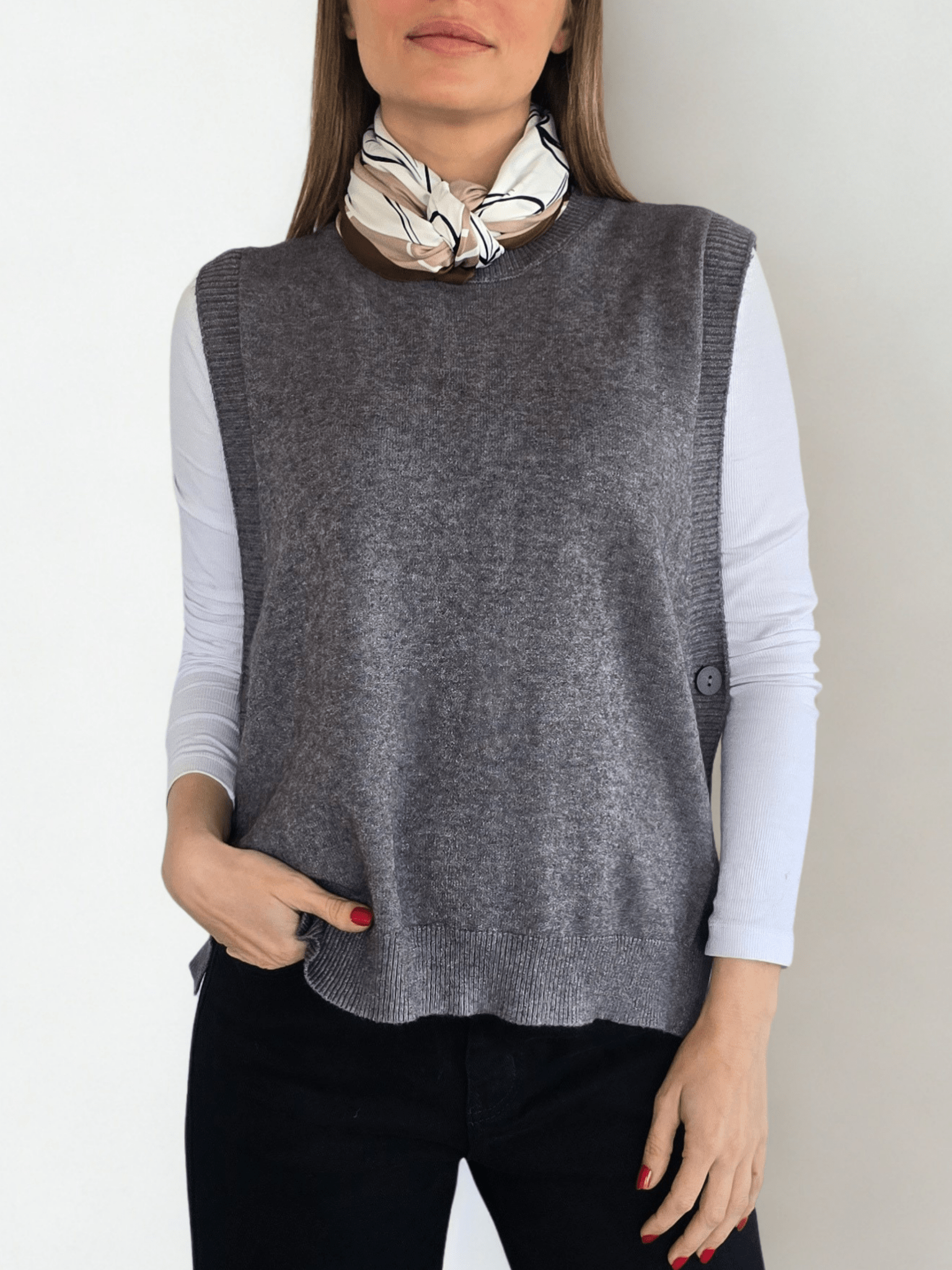 Sweater sin mangas Botones, color Gris