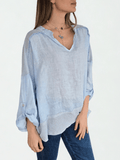 Blusa 100% Lino Italiano escote en V, color Celeste