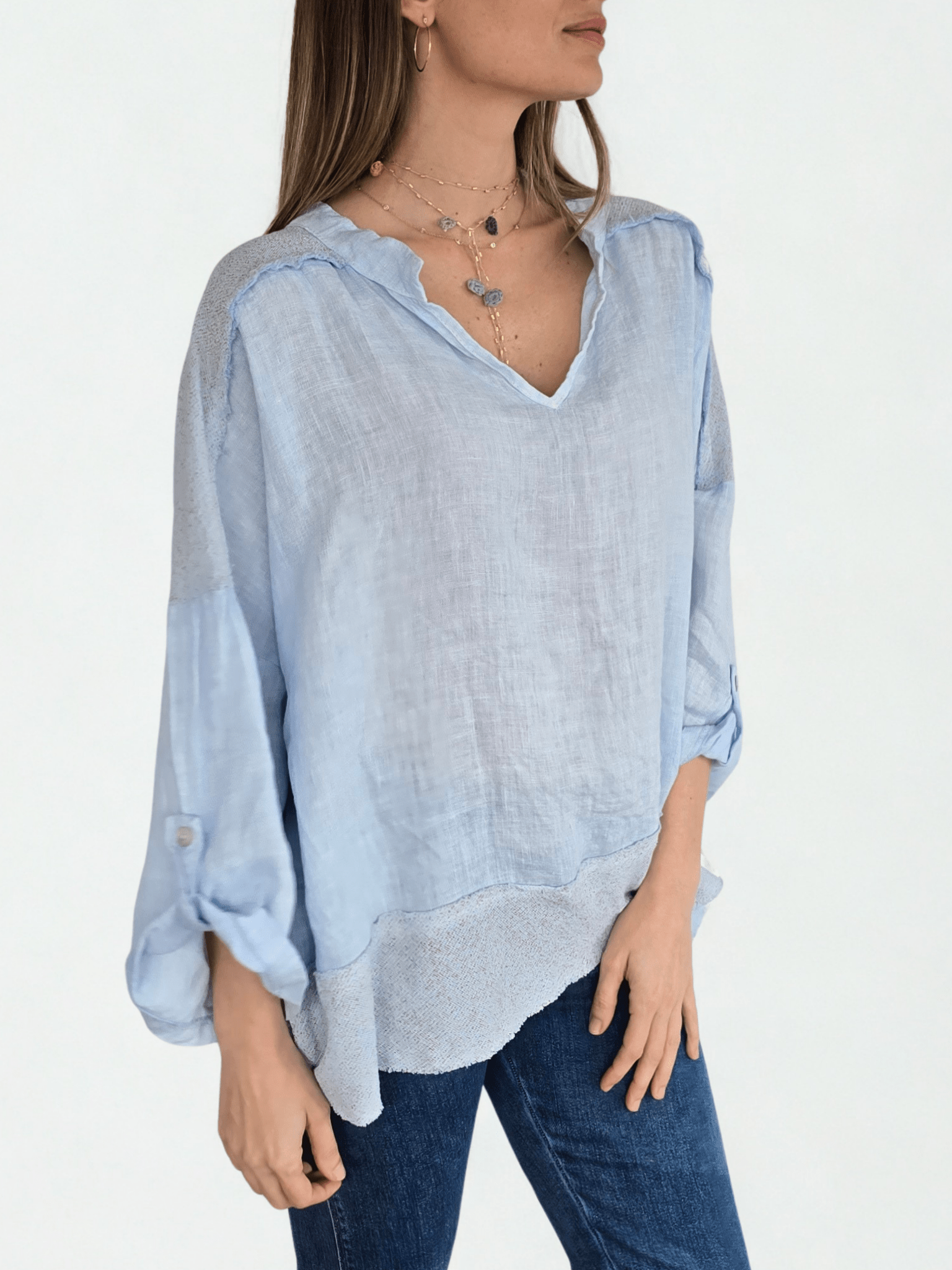 Blusa 100% Lino Italiano escote en V, color Celeste