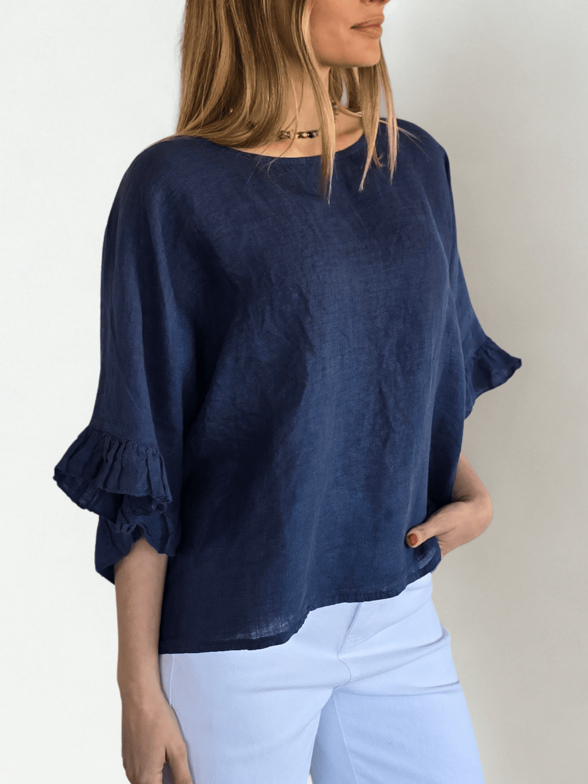 Blusa Italiana 100% Lino con Vuelos, color Azul