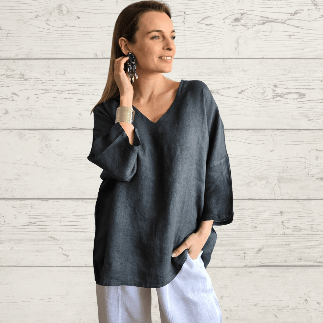 Blusa de Lino Italiano escote en V, color Gris