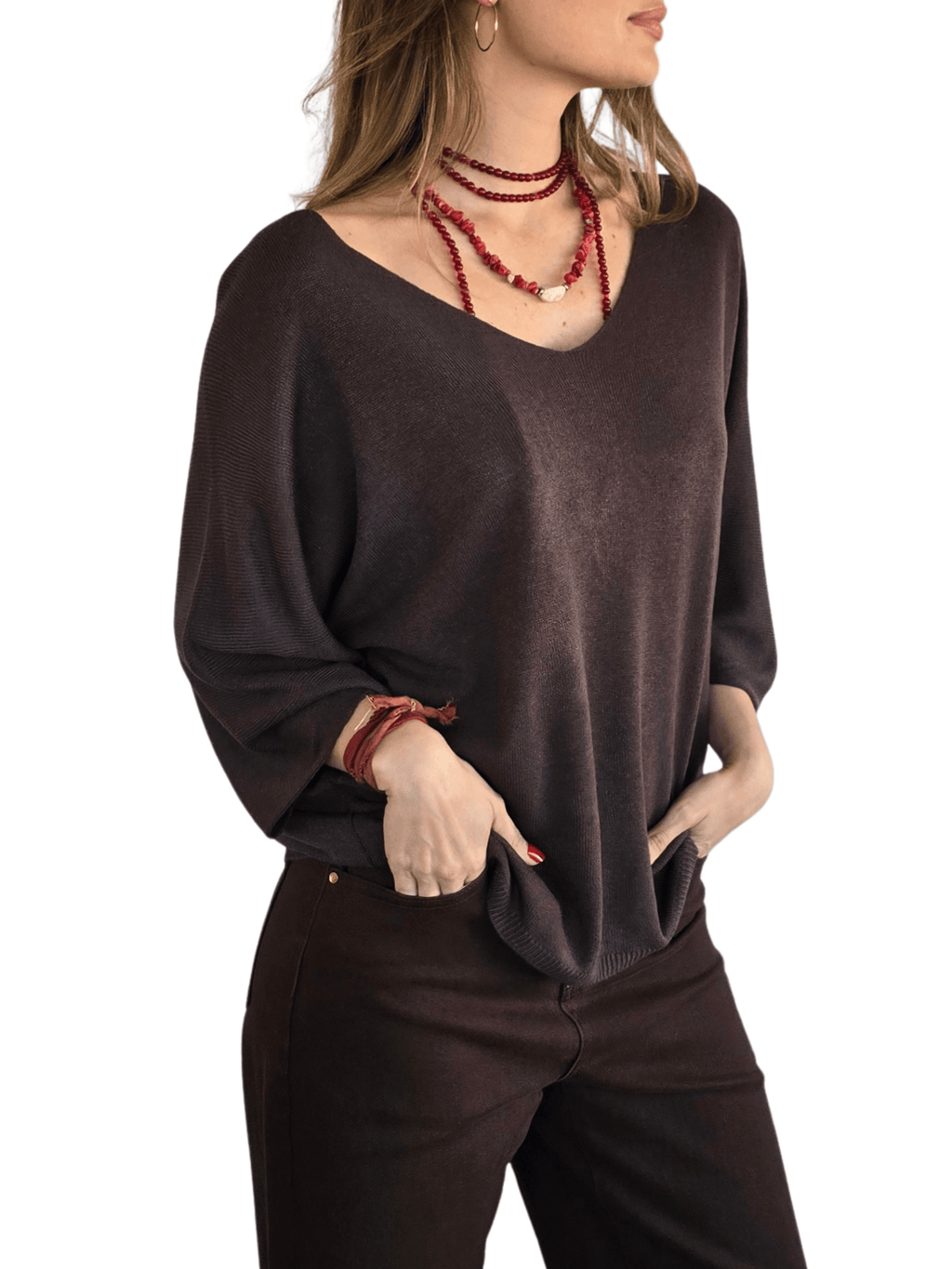 Sweater Italiano Manga 3/4, color Chocolate