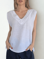 Blusa Italiana 100% Lino escote en V, color Blanco