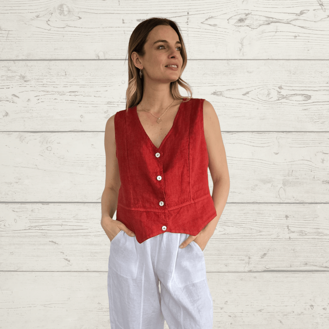 Blusa Gillette Lino Italiano, color Rojo Tomate