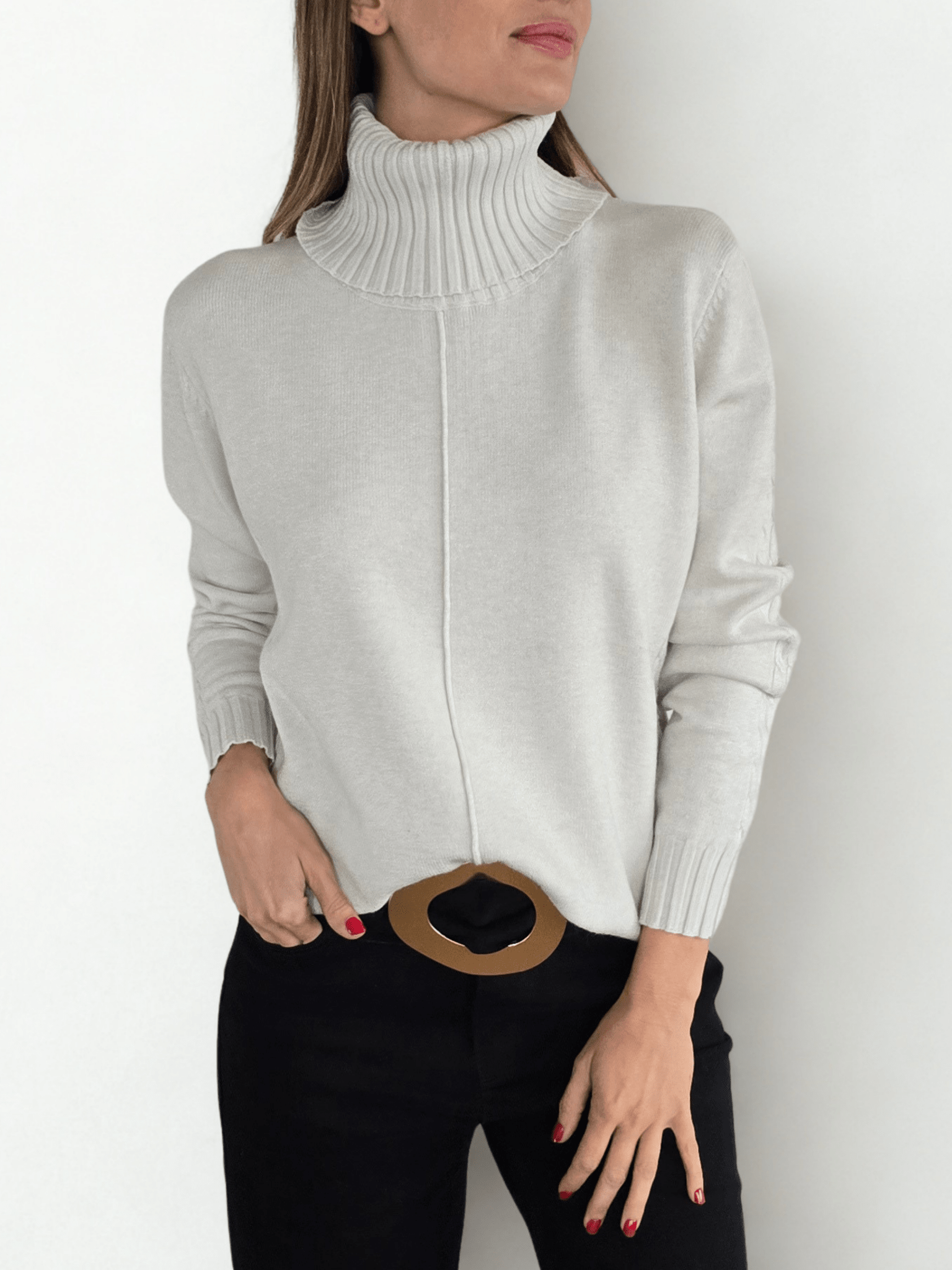 Sweater Cuello subido con Ribete, color Blanco Invierno