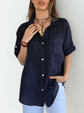Blusa Italiana 100% Lino dos Bolsillos, color Azul Marino